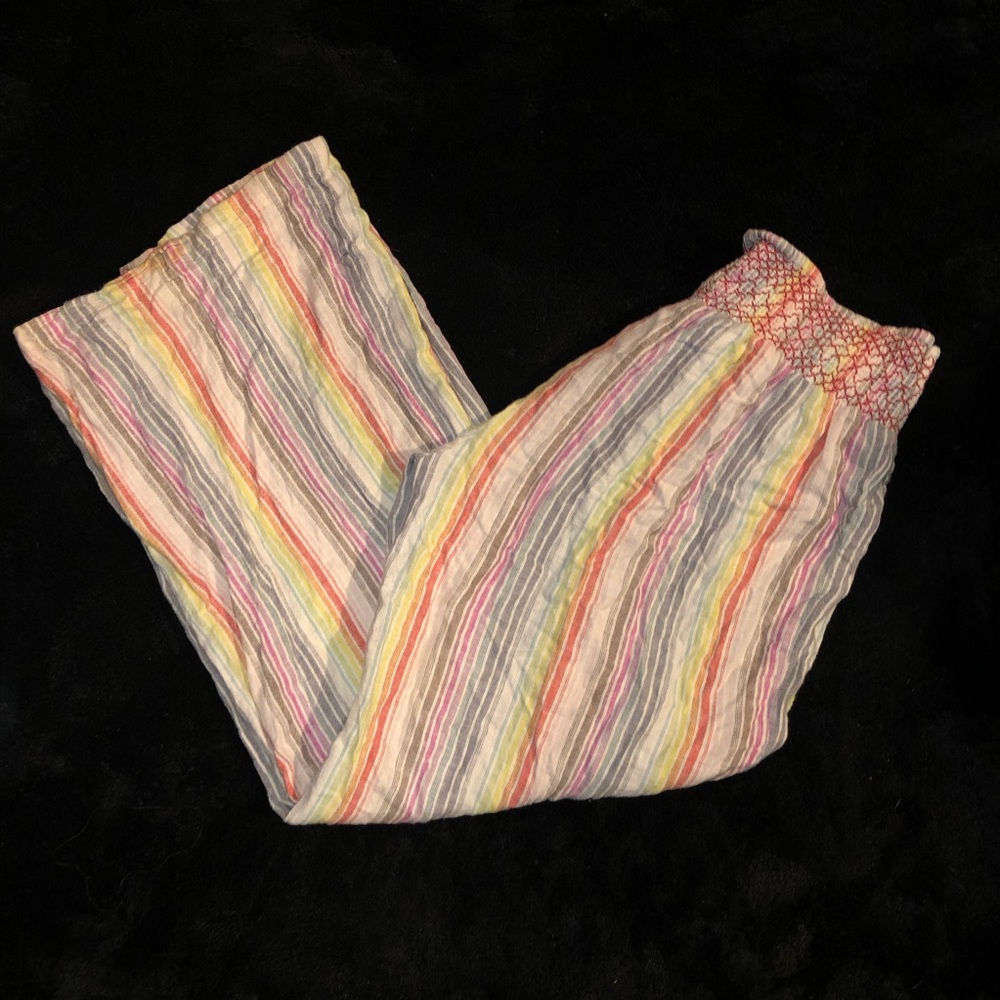 Multicolor Stripe Smocked Waist Linen  Blend Pants
